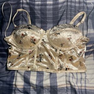 Haute Monde Cream Longline Bra with Floral Design